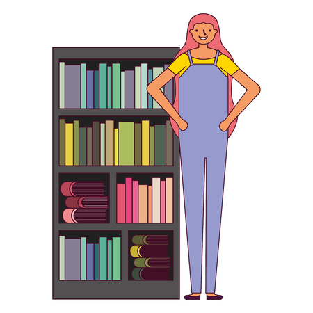 woman with bookshelf books literature vector illustrationのイラスト素材