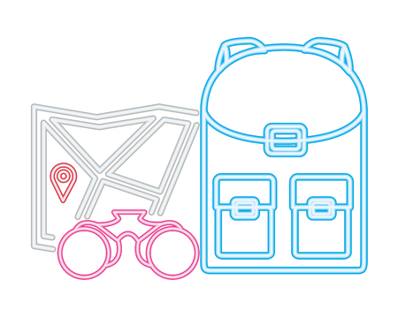 backpack and binoculars map camping neon vector illustrationのイラスト素材