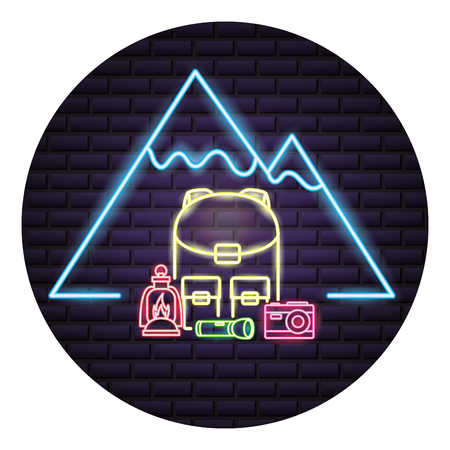backpack mountain bottle camera camping neon vector illustrationのイラスト素材