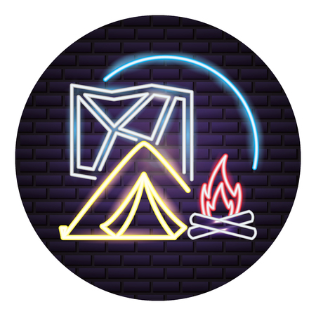 tent bonfire and map camping neon vector illustrationのイラスト素材