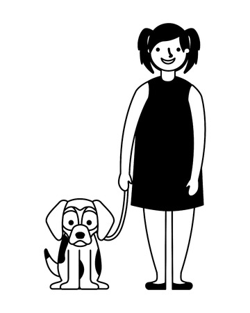happy girl with her pet dog vector illustration monochromeのイラスト素材