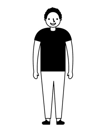 young boy standing on white background vector illustration monochromeのイラスト素材