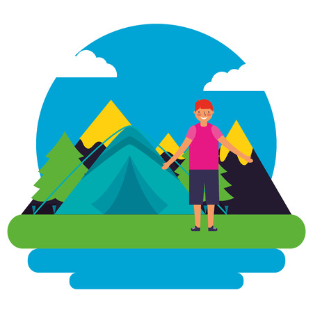 boy tent mountains day landscape camping vector illustrationのイラスト素材