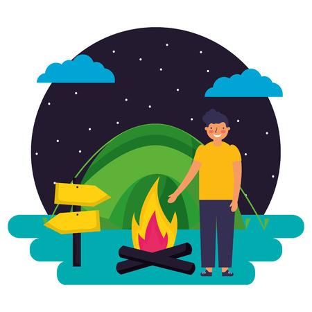 boy tent bonfire night camping vector illustrationのイラスト素材