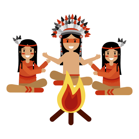 native american character group bonfire vector illustrationのイラスト素材