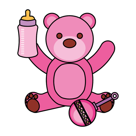 pink bear milk bottle and rattle vector illustrationのイラスト素材