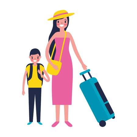 tourist mother and son with suitcase vector illustrationのイラスト素材