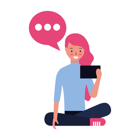 woman sitting using mobile speech bubble vector illustrationのイラスト素材