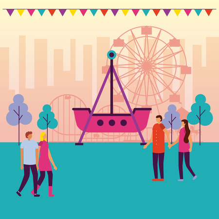 people fair trip ferris wheel roller coaster vector illustrationのイラスト素材