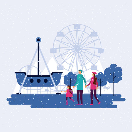 fair trip ferris wheel winter family walking vector illustrationのイラスト素材