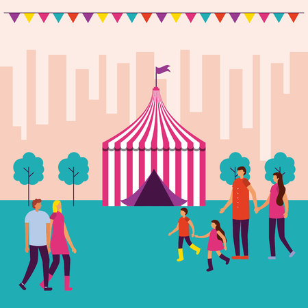 circus fair tent pennants city family couple walking vector illustrationのイラスト素材