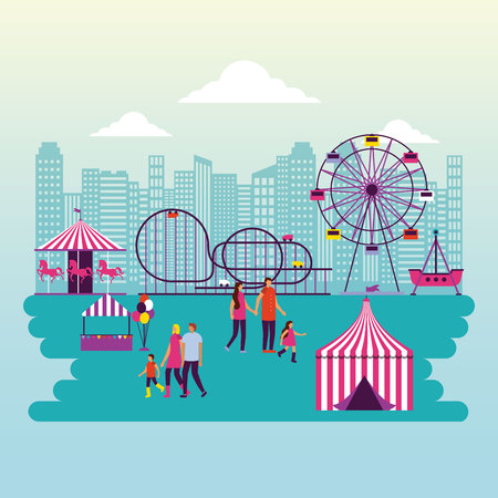 circus fair attractions outdoor cty park people funny vector illustrationのイラスト素材