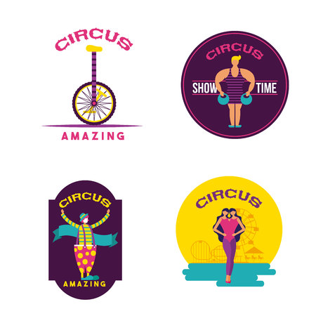 circus stickers acrobats jugglers one wheel bicycle vector illustrationのイラスト素材