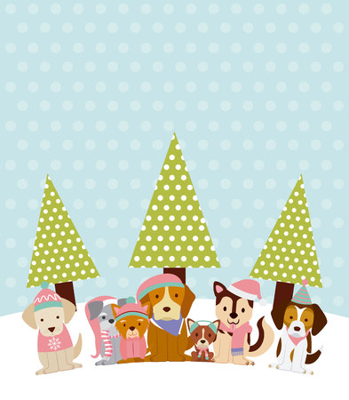 dogs with winter hat and trees merry christmas vector illustrationのイラスト素材