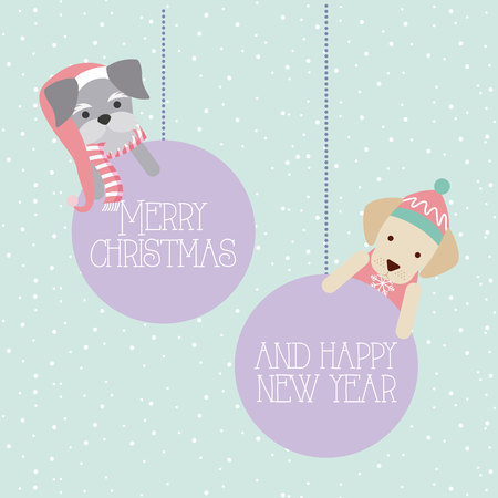 dogs hang balls merry christmas new year vector illustrationのイラスト素材