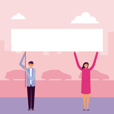 girl and boy holding banner outdoor street cars vector illustrationのイラスト素材
