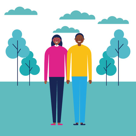 outdoor park couple smiling holding hands vector illustrationのイラスト素材