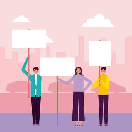 people smiling holding banner outdoor park vector illustrationのイラスト素材