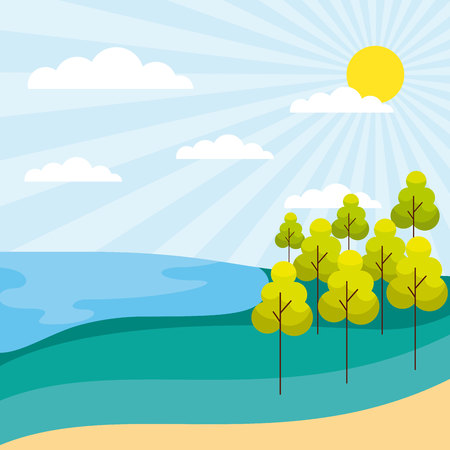outdoor park sunny day trees lake fresh vector illustrationのイラスト素材