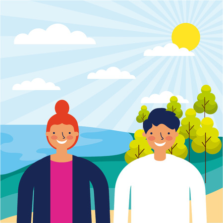 outdoor park lake couple smiling vector illustrationのイラスト素材