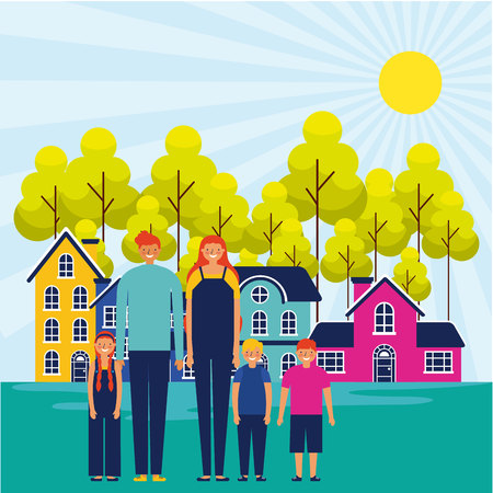 outdoor park houses sunny day happy family vector illustrationのイラスト素材