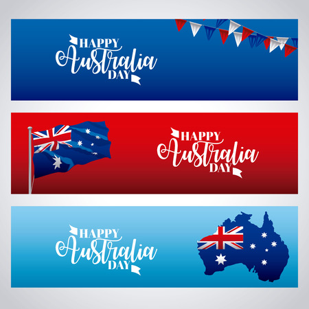 happy australia day banners pennants map flag celebration vector illustrationのイラスト素材