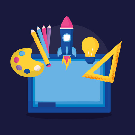 blackboard ruler rocket pencil idea education school vector illustrationのイラスト素材
