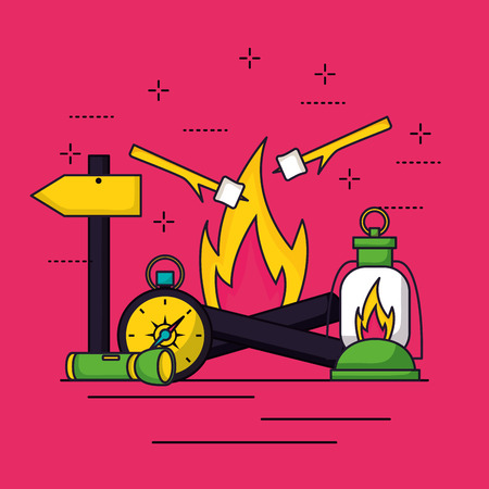 camping signs wood fire lantern compass marshmallows vector illustrationのイラスト素材