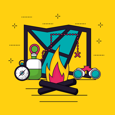 camping map trajectory binoculars wood fire bottle compass vector illustrationのイラスト素材