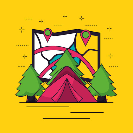 camping carp trees nature map locations trayectory vector illustrationのイラスト素材