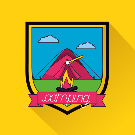 shield clouds carp wood fire marshmallows outdoor camping vector illustrationのイラスト素材