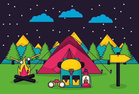camping night stars mountains trees carp wood fire marshmallows binoculars vector illustrationのイラスト素材