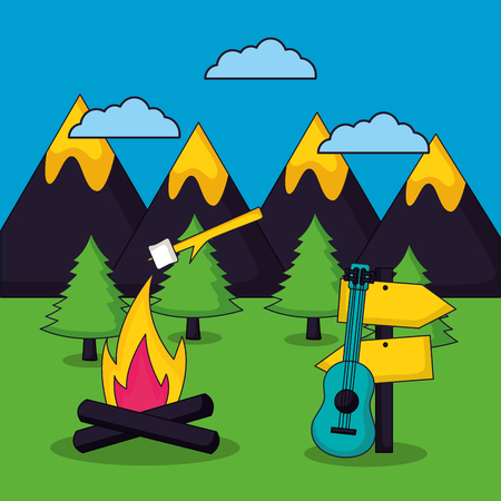 camping clouds wood fire marshmallows guitar sign mountains vector illustrationのイラスト素材