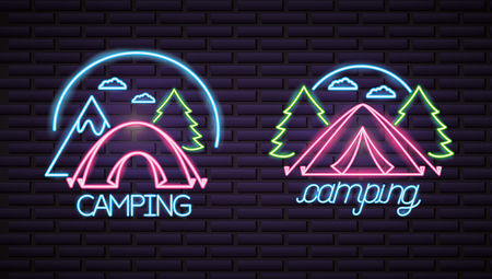 carps neon mountains neon trees camping vector illustrationのイラスト素材
