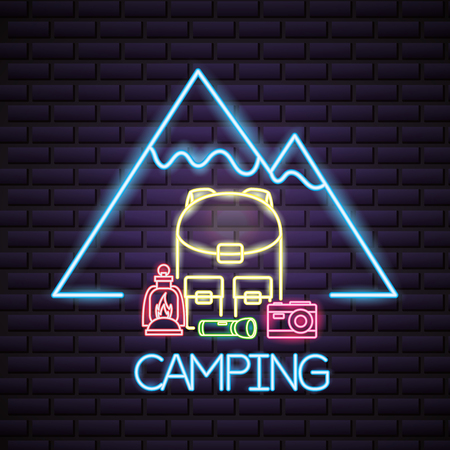 camping mountains neon bag bottle lantern vector illustrationのイラスト素材