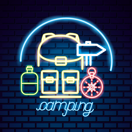 camping bag neon compass bottle sign vector illustrationのイラスト素材