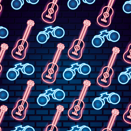 guitars binoculars neon background camping vector illustrationのイラスト素材
