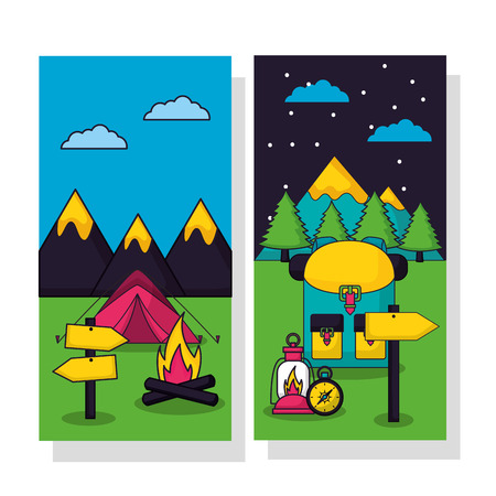 camping banners night stars sunny day carp wood fire bag vector illustrationのイラスト素材