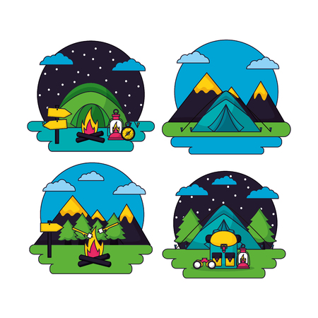 camping stickers sunny day night stars carp bag binoculars marshmallows mountains vector illustrationのイラスト素材