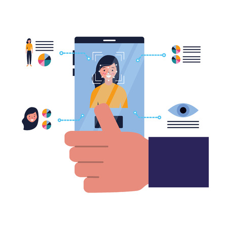 hand with cellphone face scan biometric technology vector illustrationのイラスト素材