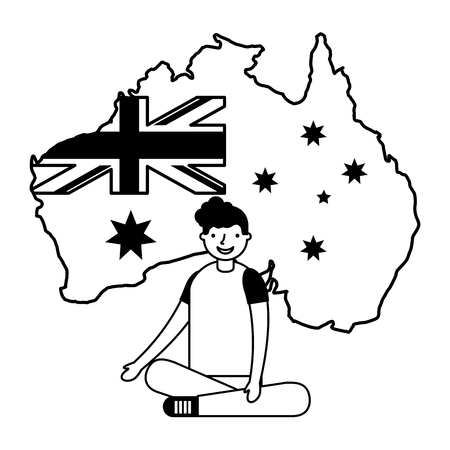 boy sitting with flag and map australiaのイラスト素材