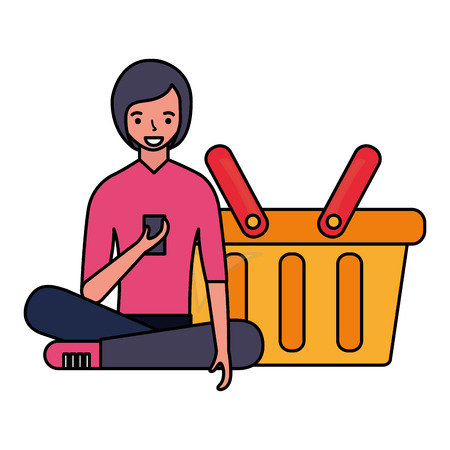 woman using mobile online shopping basket vector illustrationのイラスト素材