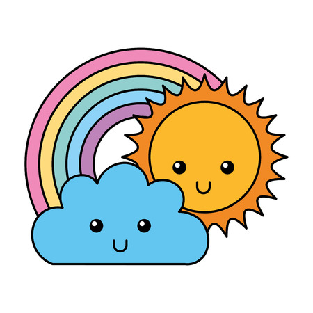 kawaii cloud sun and rainbow cartoon vector illustrationのイラスト素材