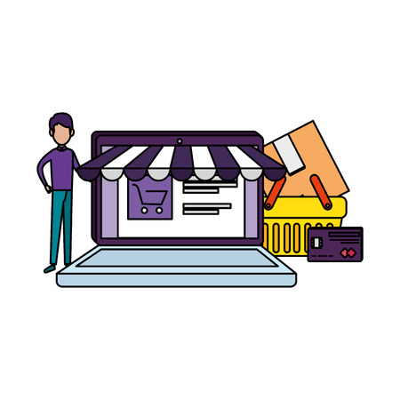 laptop with parasol and customer vector illustration designのイラスト素材