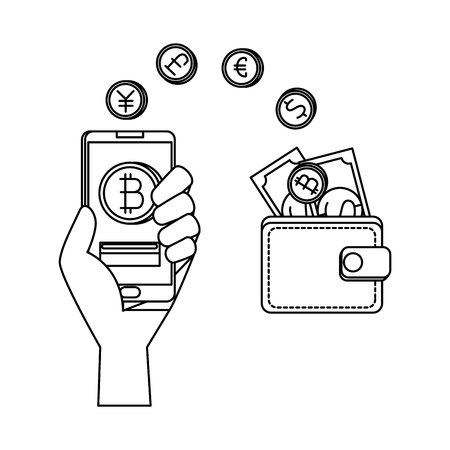 hand with smartphone and bitcoin commerce vector illustration designのイラスト素材