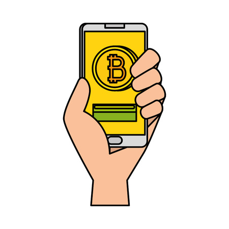 hand with smartphone and bitcoin commerce vector illustration designのイラスト素材