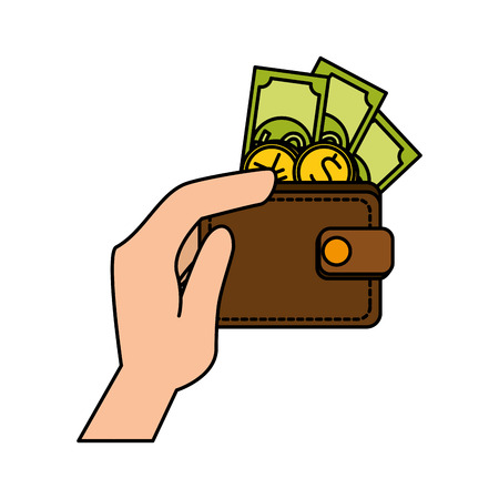 hand lifitng wallet with bills and coins dollars vector illustration designのイラスト素材