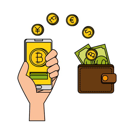 hand with smartphone and bitcoin commerce vector illustration designのイラスト素材