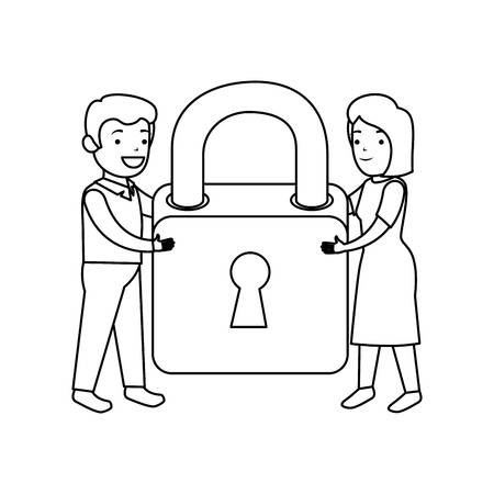 business couple with secure padlock vector illustration designのイラスト素材