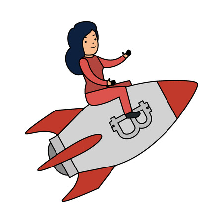 businesswoman flying in rocket with bitcoin symbol vector illustrationのイラスト素材